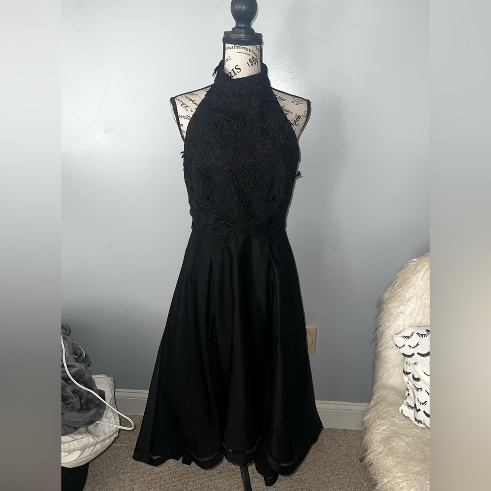 Nicole Miller Black Halter Floral Applique Prom Dress
